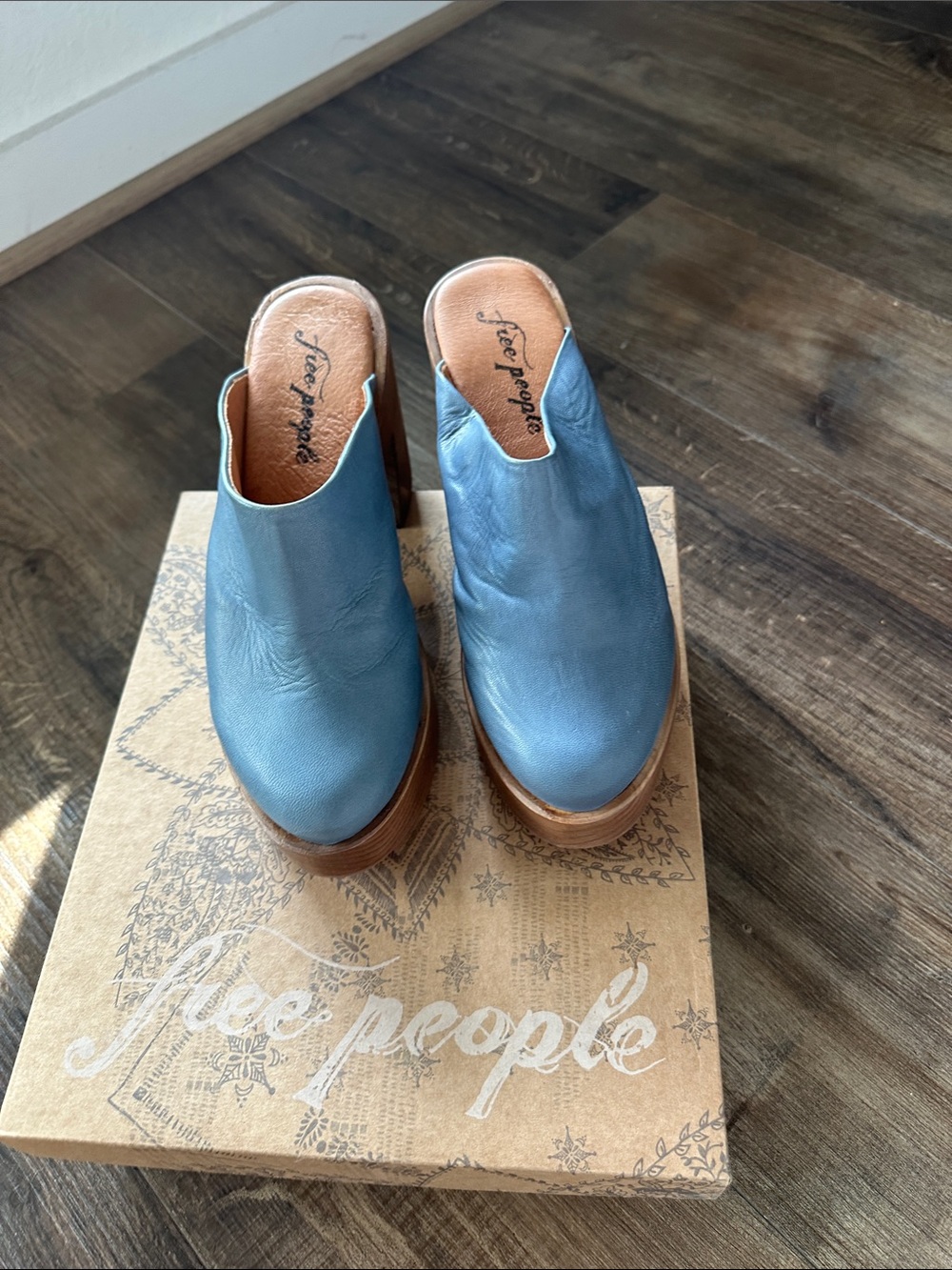 Free People Blue Leather Slip-On Platform Mules